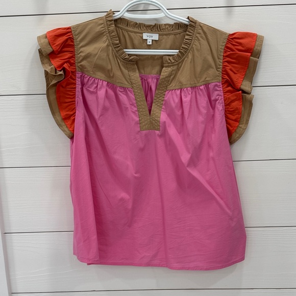 Voy Tops - Vibrant Pink and Brown Ruffle Sleeve Blouse